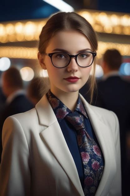 Premium Photo A Pretty European Girl In A Suit And Glasses On The Night Background