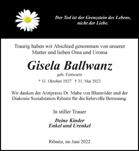 Traueranzeigen Von Gisela Ballwanz Trauer Anzeigen De