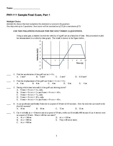 PHY 111 Sample Final Exam Part I Name PHY