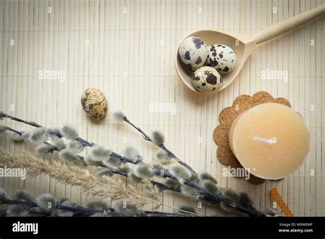 Easter Bouquet Flowers Pussy Willow And Easter Eggs Of Quail Stock Photo Alamy