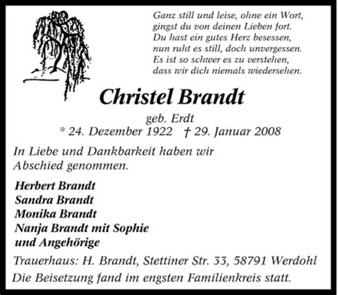 Traueranzeigen Von Christel Brandt Trauer In NRW De