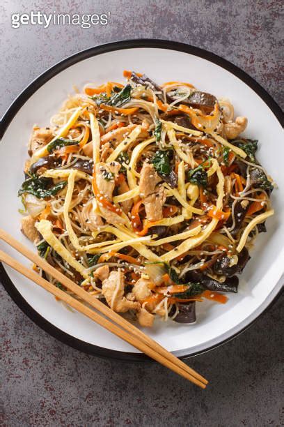 Japchae Or Stir Fried Korean Vermicelli Noodles With Vegetables And