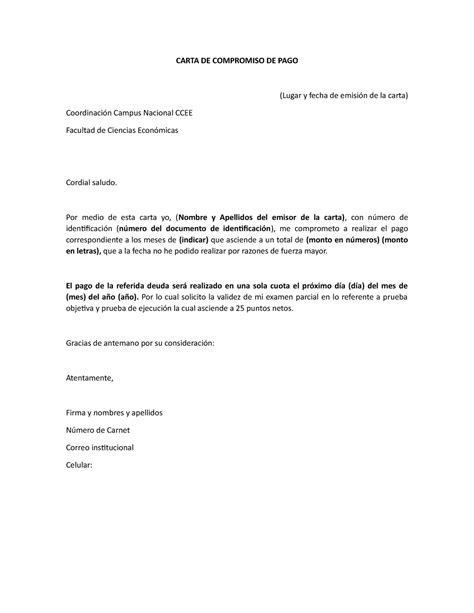 Carta DE Compromiso DE PAGO CARTA DE COMPROMISO DE PAGO Lugar Y