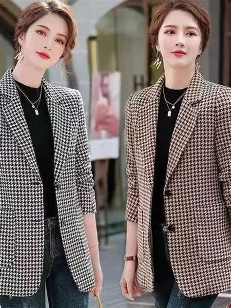 Clássico Mulheres Preto E Branco Houndstooth Jacket Blazer Moda New