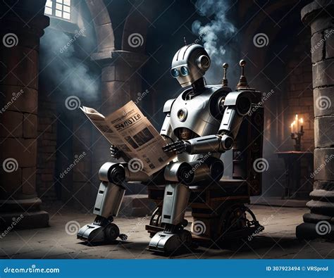 Robot Wearing A Helmet Sits In Chair Reading A Newspaper Stock Photo