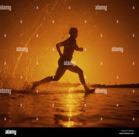 man running in shallow water at sunset Stock Photo - Alamy