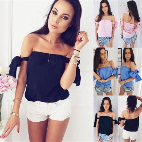 Fashion Women Off The Shoulder Bowknot Bandage Solid Color Summer Tops Ladies Strapless Blouses