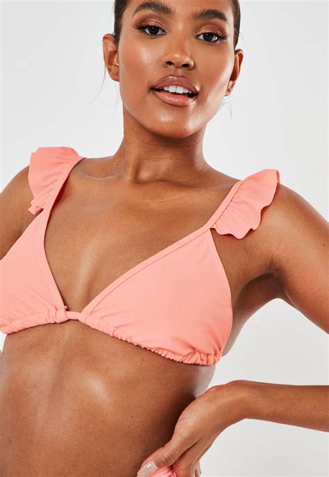 Missguided Coral Frill Shoulder Triangle Bikini Top Triangle Bikini