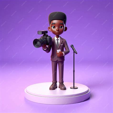 Premium Photo | 3d animation of a male journalist carrying a camera on a round podium