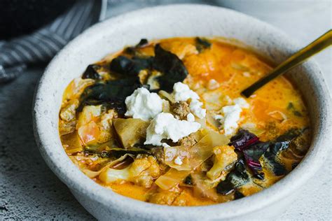 Roasted Cabbage And Cauliflower Soup With Spicy Sausage And Swiss Chard