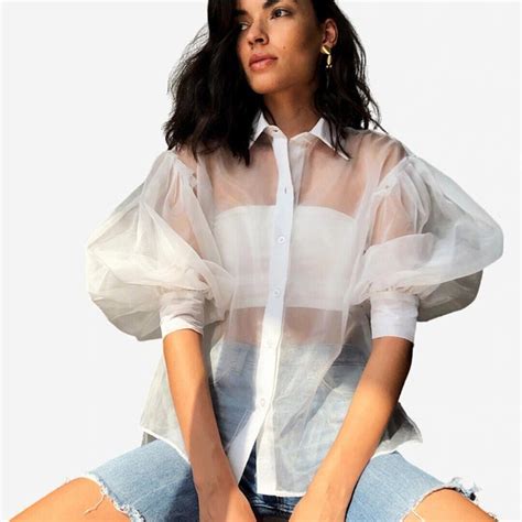 Sheer White Blouse Balloon Sleeve Etsy