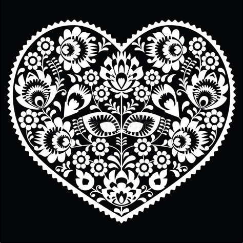 Polish White Folk Art Heart Pattern On Black Wzory Lowickie