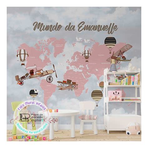 Papel de Parede Foto Mural Infantil Mapa Mundi Rosa Aviões e Balões