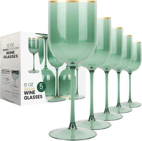 Party Bargains 5 Wine Goblets Green Gold Rim 12oz Disposable Shatterproof Elegant Design