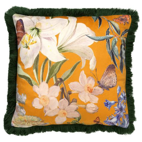 HANNA Kussenhoes 45x45 Cm Bloemen Vlinders Franjes Golden