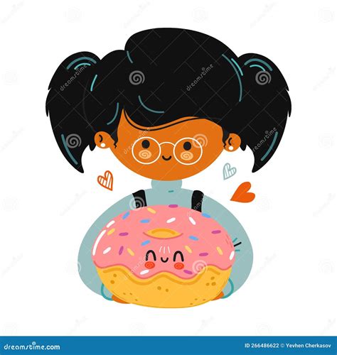 Young Cute Funny Girl Hold Donut In Hand Girl Hugs Cute Donut Vector