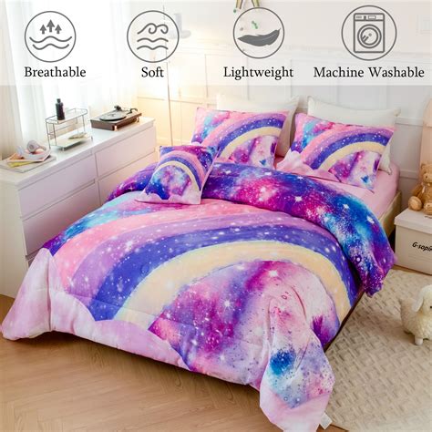 Urbonur 4pc Rainbow Galaxy Teen Room Comforter Set Twin Size Pink Tie Dye Bedding For Girls