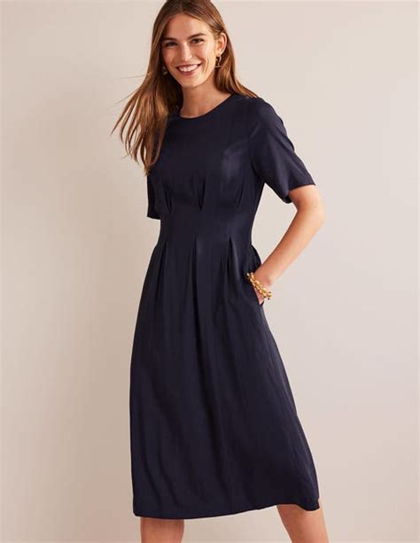 Pleated Midi Dress Navy Boden UK