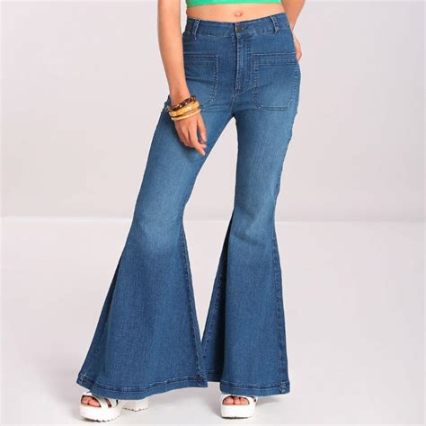 Hell Bunny Janis Retro 70s Flared Stretch Denim Bellbottoms