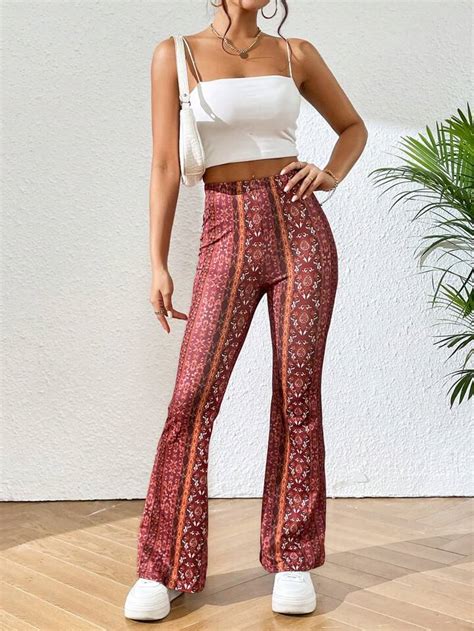 Shein Petite Allover Print Flare Leg Trousers Shein Uk