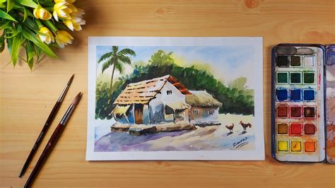 Village Hut Watercolor Painting Village Landscape 64 Youtube