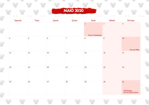 Calendario Mensal Minnie Vermelha Maio 2020 Fazendo A Nossa Festa