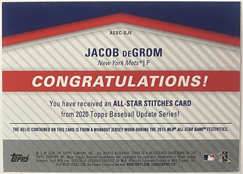 Jacob Degrom Topps Update Series New York Mets Baseball All Star