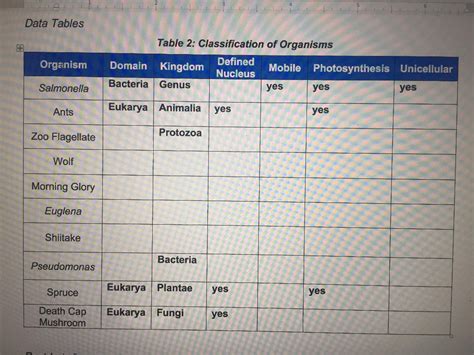 Solved L Data Tables Table 2 Classification Of Organisms