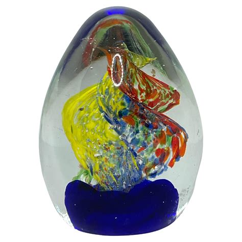 Vintage Art Glass Paperweight Tri Color Swirl Murano Style Red Blue Yellow Glass Egg Paperweight