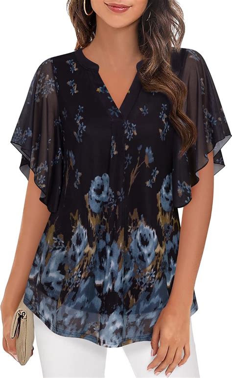 Timeson Womens Short Sleeve V Neck Blouses Shirts Floral Double Layers