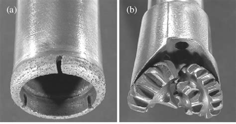 (a) Diamond tipped coring drill-bit (b) Bi-cone drillbit. Both drill ...