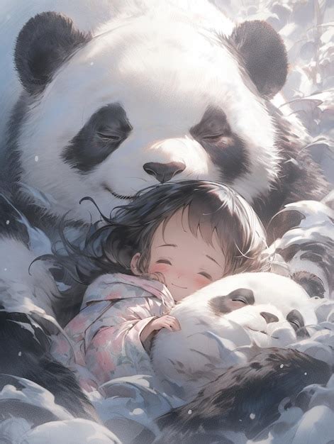 Premium AI Image | panda bear and child hugging in snow with snowflakes ...