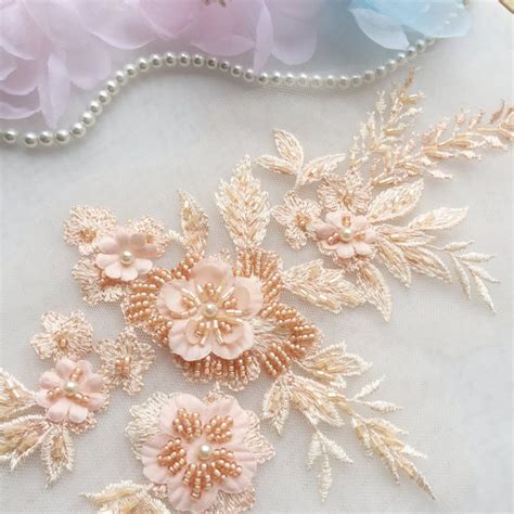 3d Blush Embroidery Flower Lace Fabric Motif Beaded Sequin Etsy