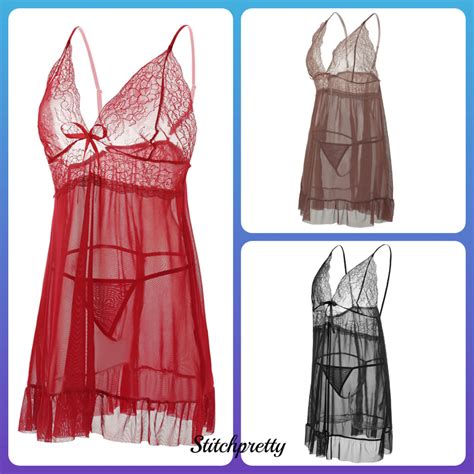 Ready Stock Malaysia Women Lingerie Transparent Lace Singlet Nightdress With Colour
