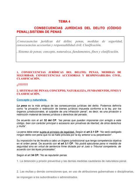 Tema 4 Derecho Penal I Revi Tema 4 Consecuencias JurÍdicas Del Delito CÓdigo Penalsistema