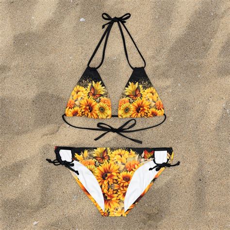 Stylish Strappy Triangle Bikini Top For Beach Goddesses Sunflowers Butterflies Bikini