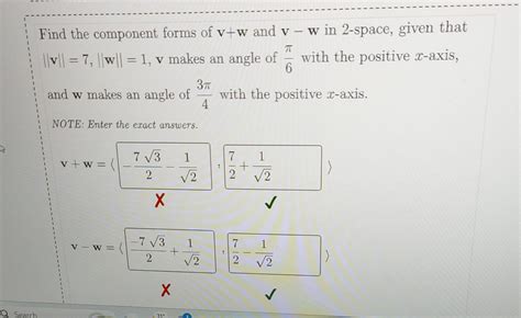 Solved Find The Component Forms Of V W And V−w In 2 Space