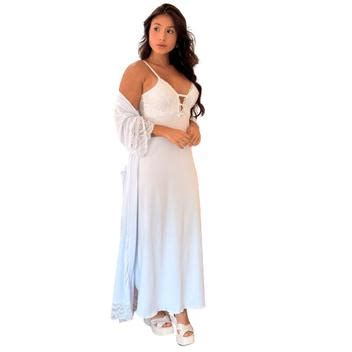 Camisola Longa Robe Em Microfibra E Renda Lingerie Noiva Lua De Mel Luxo Estilo Sedutor