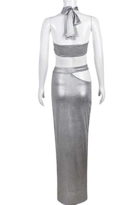 Sexy Metallic Silver Maxi Skirt Set Reflex Garments