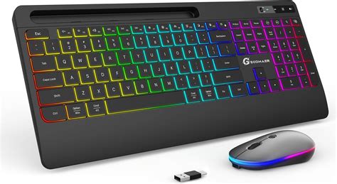 GEODMAER Combo de teclado y mouse inalámbrico con soporte para teléfono