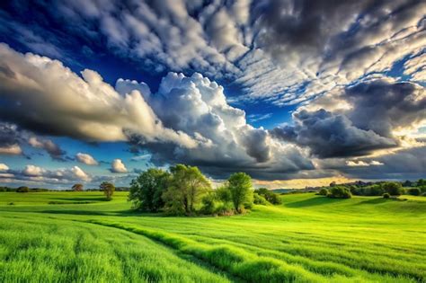 Paisagem De Campo De Grama Verde Nuvens Fant Sticas Ao Fundo