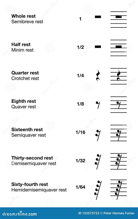 Music Rest Symbols And Lengths English Labeling Stock Vector