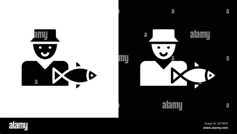 Fisherman With Fish Icon Set In Black And White Color Simple Flat