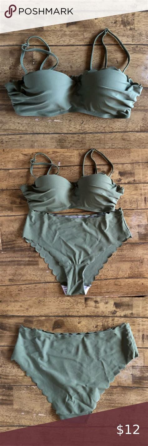 Olive Green Bikini With Scalloped Edges By Shein In 2022 Olive Green