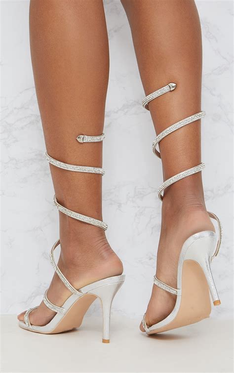 Silver Diamante Leg Wrap Heeled Sandal Prettylittlething