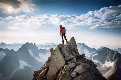 Premium Photo A Man On A Mountain Top With Mountains In The Background