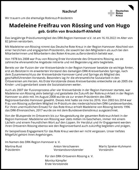 Traueranzeigen Von Madeleine Freifrau Von R Ssing Und Von Hugo Trauer