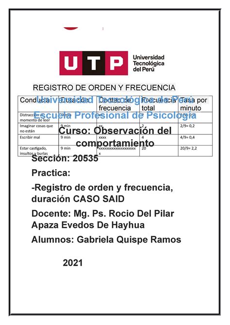 Registro DE Orden Y Frecuencia CASO SAID REGISTRO DE ORDEN Y