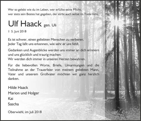 Traueranzeigen Von Ulf Haack WirTrauern