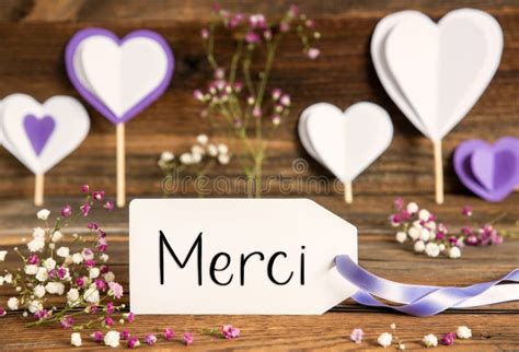 Label With Spring Flowers Hearts Text Merci Means Thank You Stock